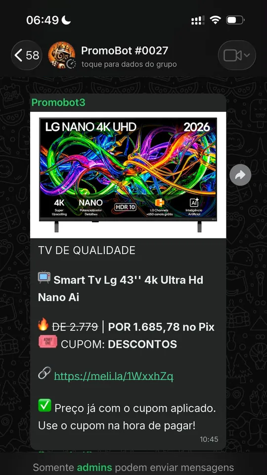 Oferta compartilhada no grupo do PromoBot no WhatsApp