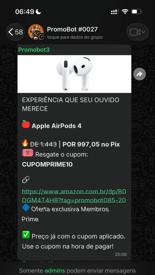 Oferta compartilhada no grupo do PromoBot no WhatsApp