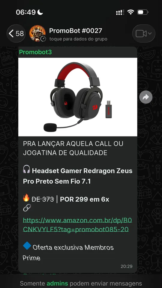 Oferta compartilhada no grupo do PromoBot no WhatsApp