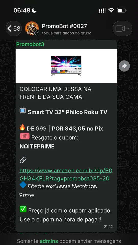 Oferta compartilhada no grupo do PromoBot no WhatsApp