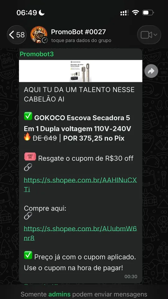 Oferta compartilhada no grupo do PromoBot no WhatsApp