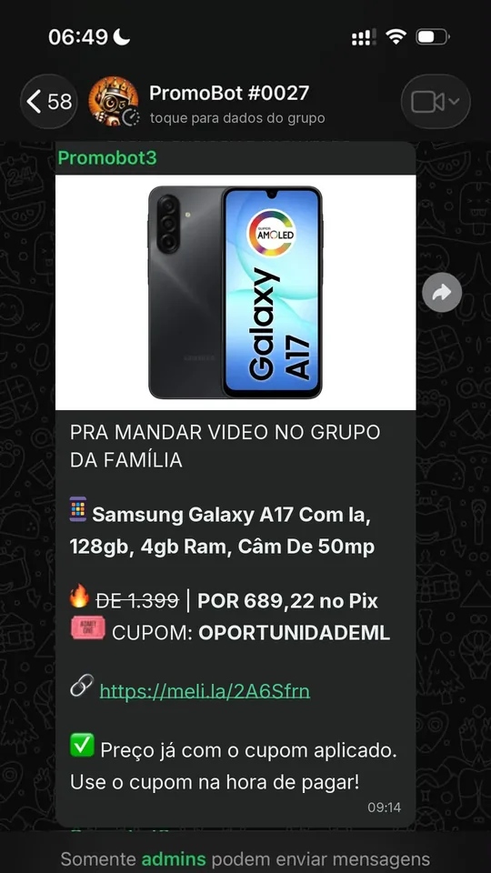Oferta compartilhada no grupo do PromoBot no WhatsApp