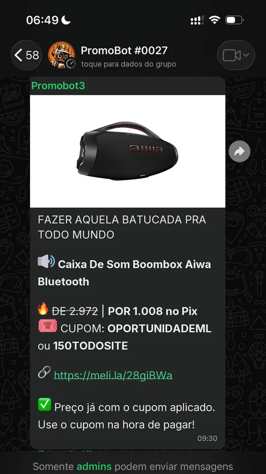 Oferta compartilhada no grupo do PromoBot no WhatsApp