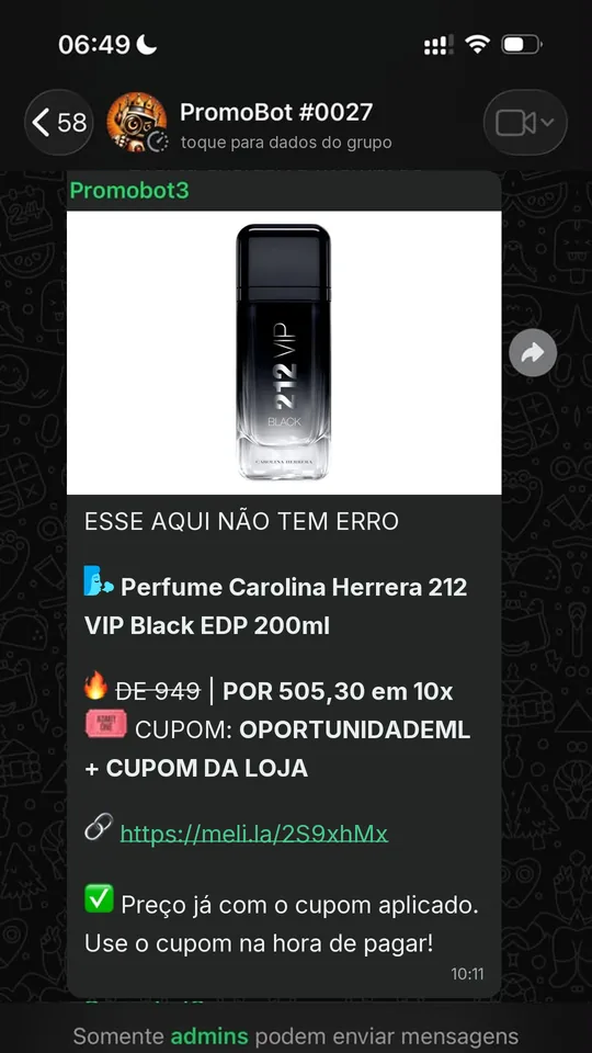 Oferta compartilhada no grupo do PromoBot no WhatsApp