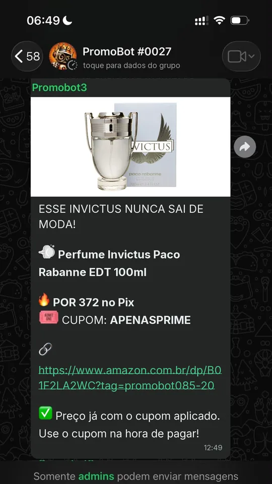Oferta compartilhada no grupo do PromoBot no WhatsApp