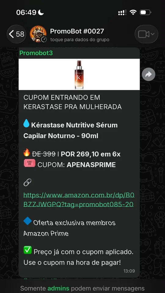 Oferta compartilhada no grupo do PromoBot no WhatsApp