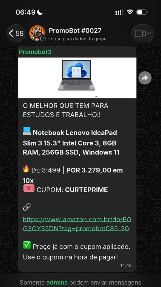 Oferta compartilhada no grupo do PromoBot no WhatsApp
