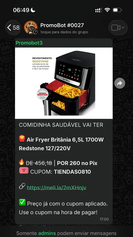Oferta compartilhada no grupo do PromoBot no WhatsApp