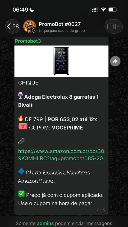 Oferta compartilhada no grupo do PromoBot no WhatsApp