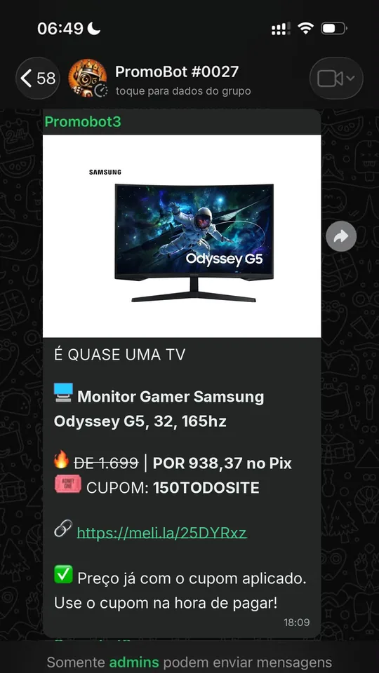 Oferta compartilhada no grupo do PromoBot no WhatsApp